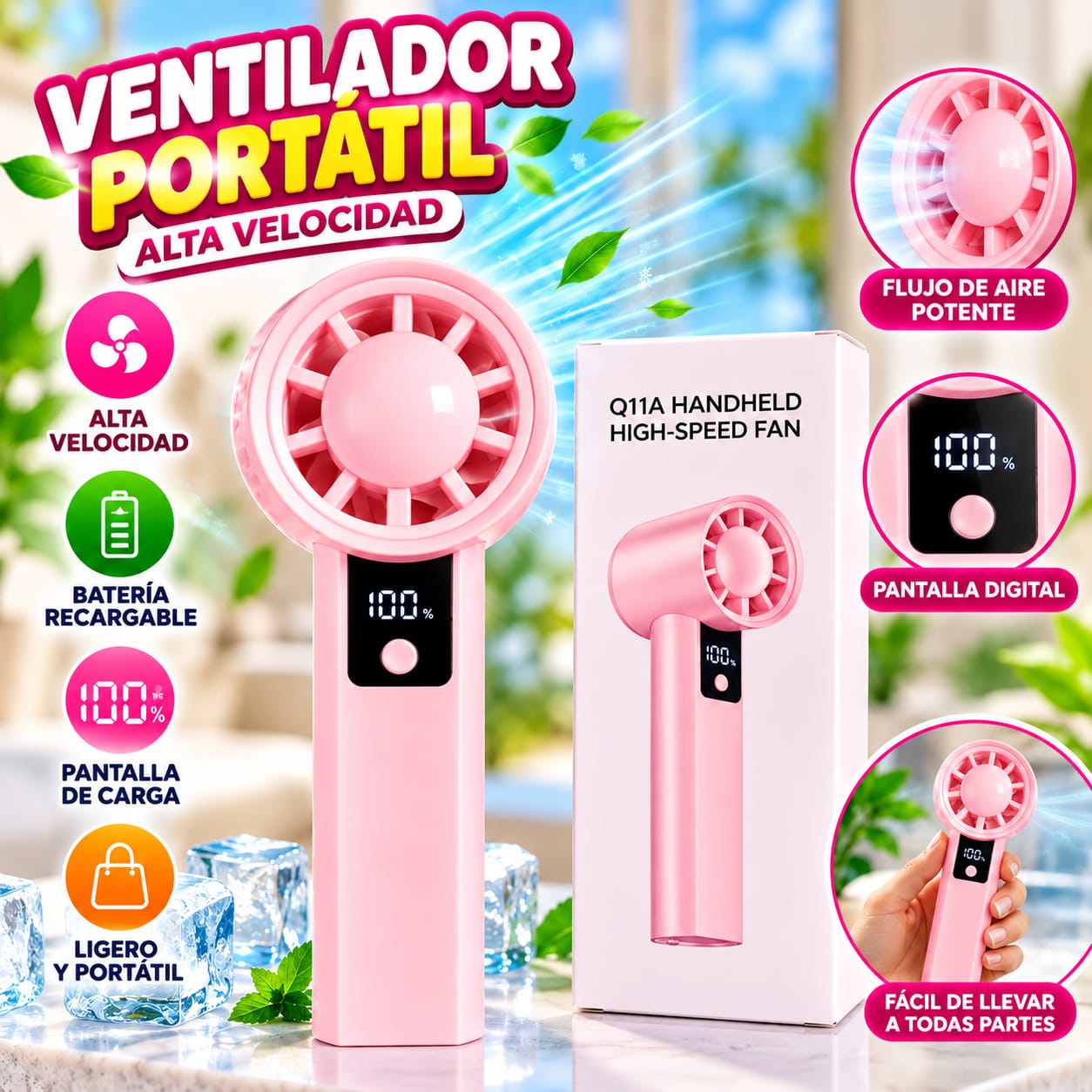 Potente Mini Ventilador Portátil Recargable 5 Velocidades Pantalla Digital Rosado