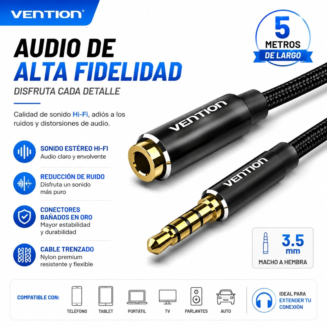 Cable Extensión Auxiliar 3.5mm Vention 5 Metros Macho A Hembra HiFi
