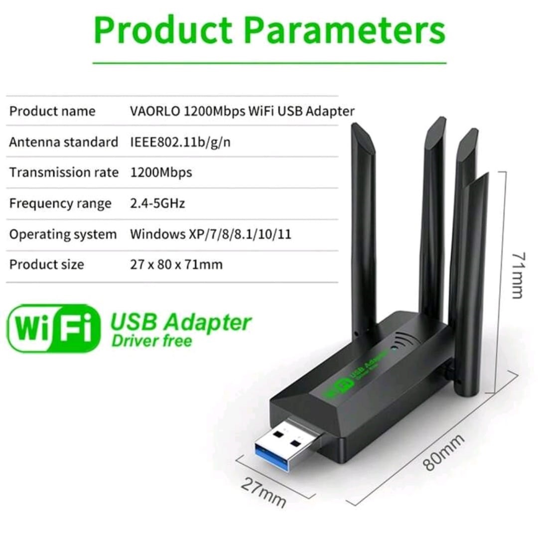 Adaptador WiFi USB 3.0 1200Mbps Doble Banda 2.4G/5G – 4 Antenas Alta Velocidad